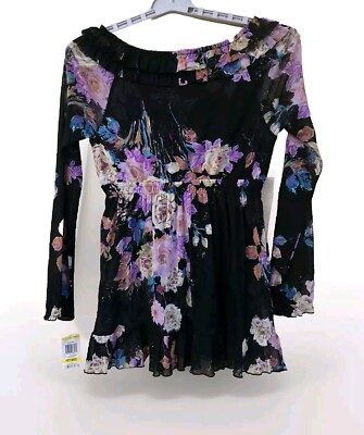INC Floral Top Medium Black Y2K  Whimsigoth Fairy Grunge Boho Coquette Sheer