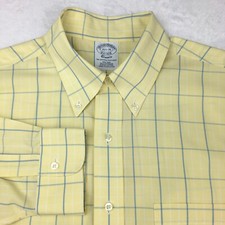 Brooks Brothers Dress Shirt Men's 15.5-35 Yellow w/Blue Windowpane Check No Iron
