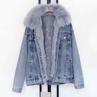 Lady Thick Faux Fur Lined Denim Jacket Winter Coat Fluffy Furry 