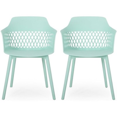 Noble House Azalea Plastic Patio Dining Arm Chair in Mint (Set of 2)