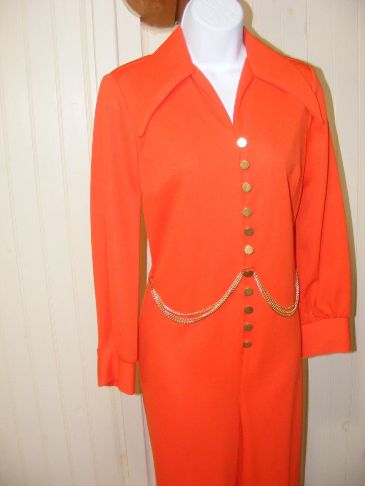 70S DISCO JUMPSUIT ORANGE POLYESTER ONE PIECE GOLD BELT VINTAGE 1970S FASHIONS S - Image 4 of 4