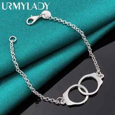 URMYLADY 925 Sterling Silver Handcuffs Chain Bracelet Fashion Charm Jewelry