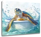 Coastal Blue Sea Turtle in Bathtub Abstract Wall Art for Bathroom Living Room