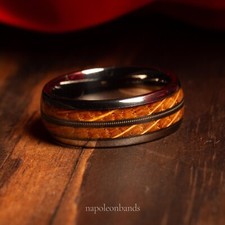 Whiskey Barrel Ring Wood Unique Mens Wedding Band Gun Metal Solid Tungsten Ring