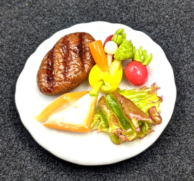 Miniature Dollhouse Handmade Steak Salad & Bread  on Ceramic Plate 1:12