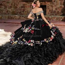 Black Quinceanera Dress Costume Ball Gown Tiered Flowers Sweet 15 Birthday Dress