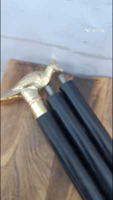 New Wooden Black Plain Walking Stick Cane with Solid Brass Peacock Head Handle