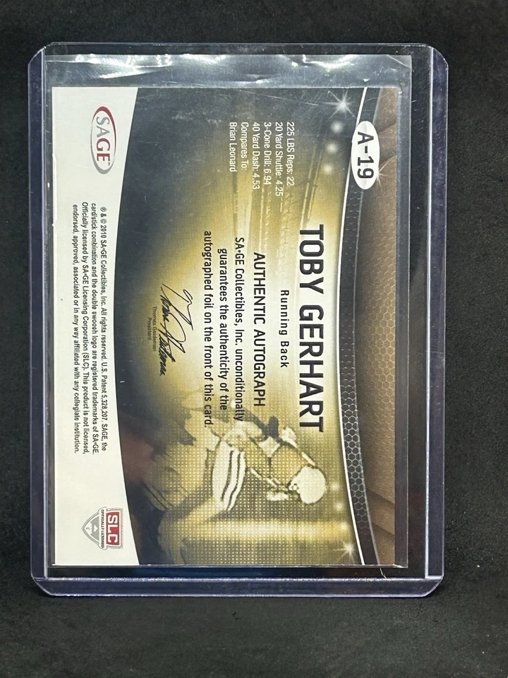 2010 Sage Auto Red Toby Gerhart #A-19 Rookie Auto RC A4 - Image 2 of 2