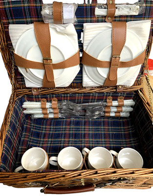 Wicker Lined Picnic Basket Service for 4 Include Plates Mugs Knives Forks Spoons