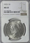 1923 $1 Peace Silver One Dollar US NGC MS63 Philadelphia