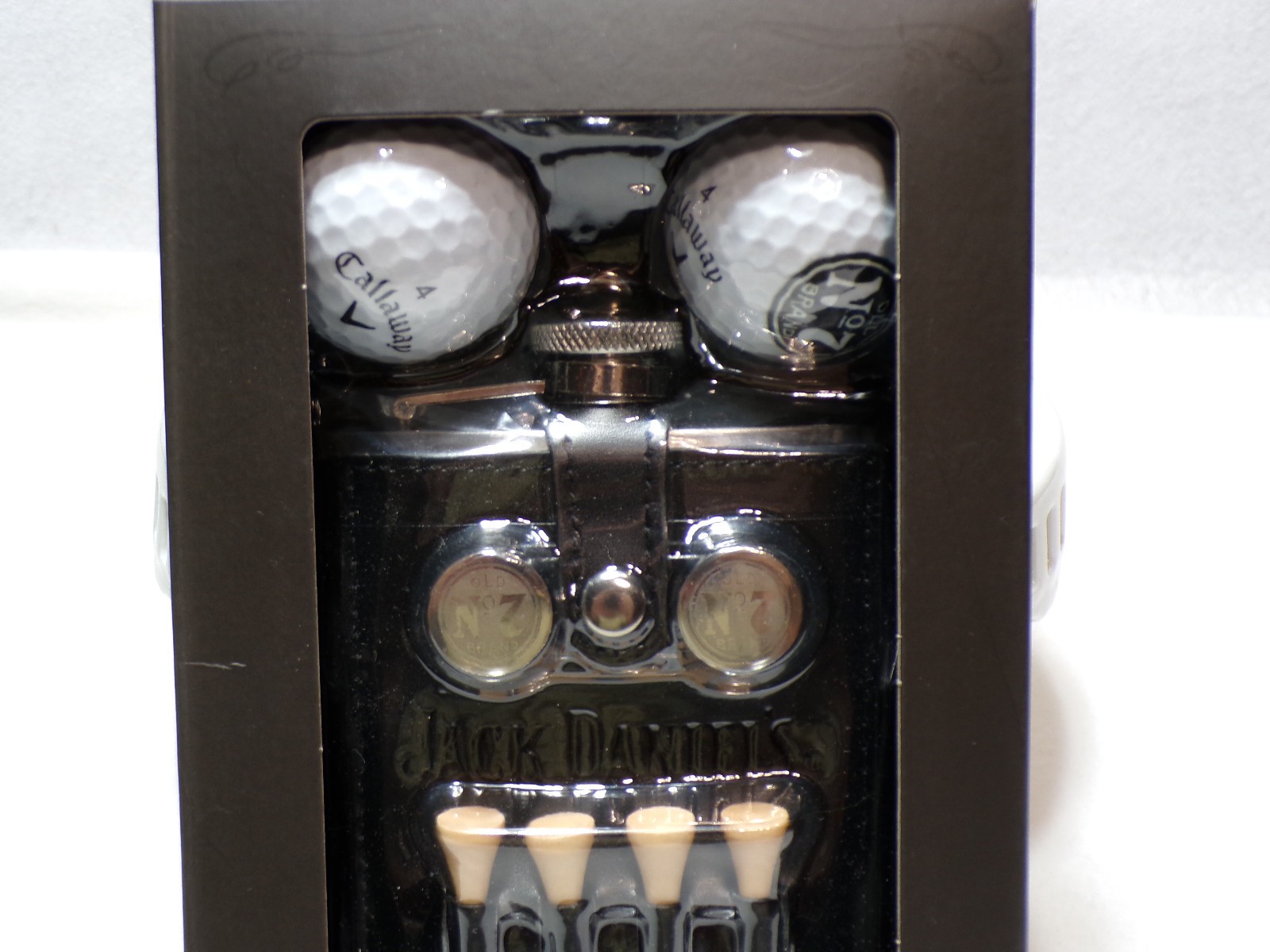 Jack Daniels Leather Wrapped Stainless Steel Flask W/Golf Balls & Tees. NIB