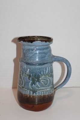 Vintage Victor Hugo Studio Pottery 7'' Pitcher Forest of Dean Blue Brown