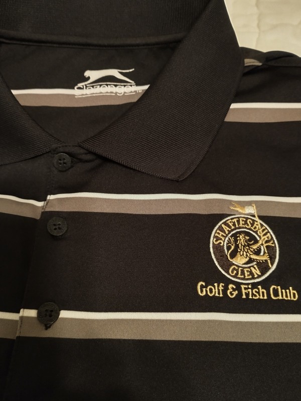 MENS BLACK W/ GRAY & WHITE STRIPES GOLF POLO SHIRT- SLANZENGER- XL- EX. COND.