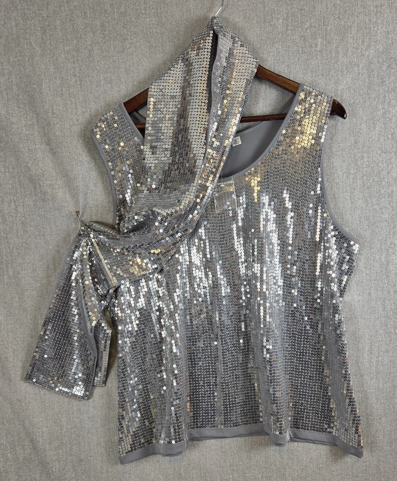 JOAN RIVERS Mujer XL Lentejuelas Tanque Envolvente Chal Conjunto Brillante Elegante Disco Fiesta NUEVO Foto 4 de 4