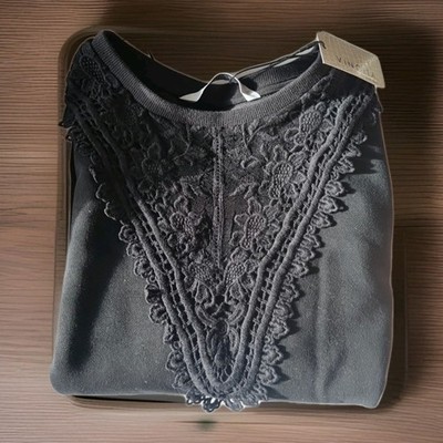 Marken Sweatshirt Pullover mit Spitze Gr. L Schwarz Neu mit Etikett Damen Selten