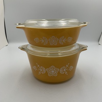 Vintage Pyrex Butterfly Gold Set of 2 Casserole Dishes w/ Glass Lids #473 #471
