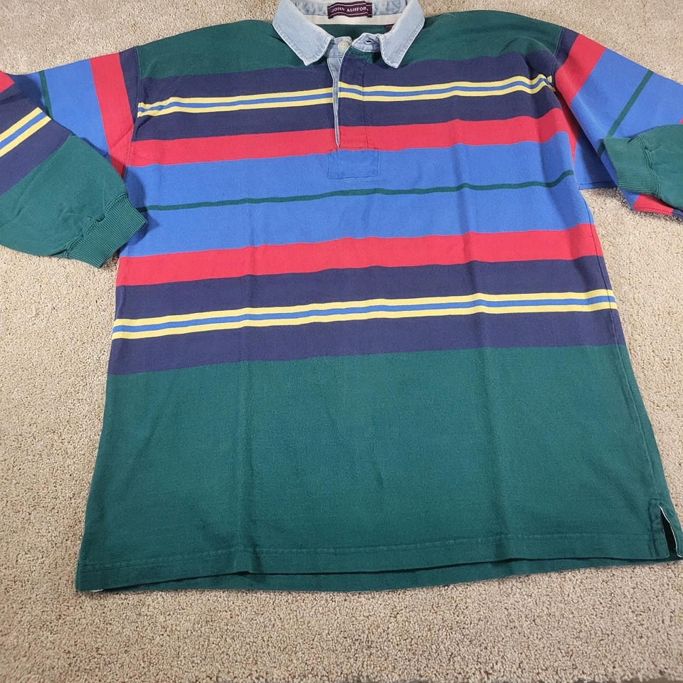 Vintage John Ashford Rugby polo Shirt mens XL Green Colorblock Denim Collar Golf - Image 3 of 4