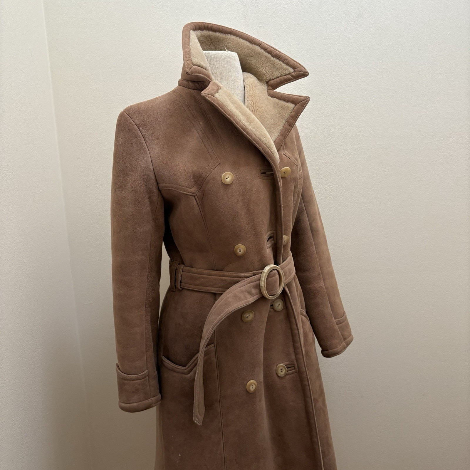 Vintage 70s Abercrombie & Fitch Tan Penny Lane Shearling Trench Coat Size S/M image 7