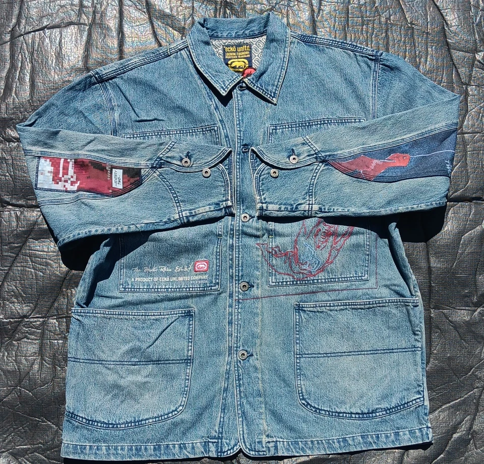Abrigo de Colección Y2K Ecko Unltd Marvel Comics Daredevil Denim Chaqueta Tareas Foto 3 de 4