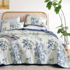 WONGS BEDDING Blue Floral Quilt Set King,Botanical Leaf Butterfly Pattern Be...