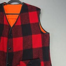 Woolrich Vest L reversable Wool Buffalo Plaid Blaze Orange Hunting USA VTG 70s