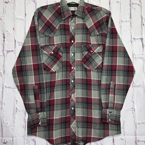 VTG ROEBUCKS Genuine Plaid Pearl Snap Button Western Shirt Burgundy Grey Men M