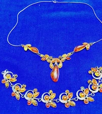 Necklace And Bracelet Baltic Multi Amber ? 925 Vtg Teardrop Safety Fastener USA