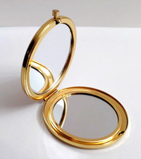 NEW COMPACT PURSE MIRROR DOUBLE SIDED 1X/2X MAGNIFYING GOLD TONE ROUND 2-3/4"
