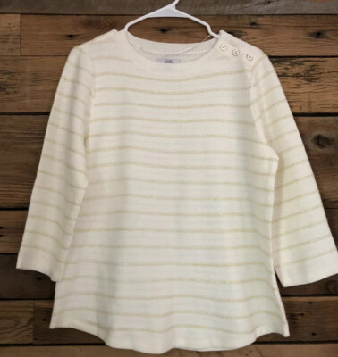 Womens Croft & Barrow Pullover Sweater Sz M 3/4 Sleeve Ivory W Gold Stripes EUC