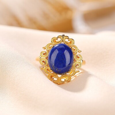 I02 Ring Vine Ornament Oval Blue Lapis Lazuli Sterling Silver 925 Gold Plated
