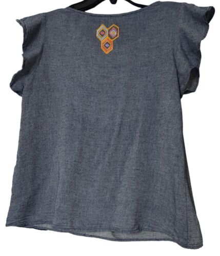 ENVY Embroidered Boho Top Flutter Sleeves SMALL Peasant Pleated Cotton Blend - Picture 4 of 5