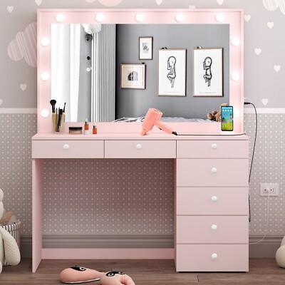 Modern Vanity Dressing Table, Mirror, Light Bulbs, 7 Drawers, Basic Knobs, Pink