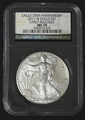 2011-W MS-70 EARLY RELEASE SILVER EAGLE NGC BLACK SLAB 25th ANNIVERSARY LABEL
