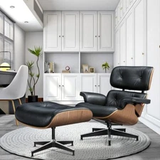 Upgraded Tall Eames Lounge Chair with Footstool Ottoman Real Leather Armchair