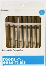 Room Essentials Reusable Straws w/ Cleaning Brush & Carrying Pouch Cocktail 10pc