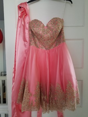 pink junior prom formal cocktail dress size xs, lace-up back, sequins, gold  lace | eBay UK