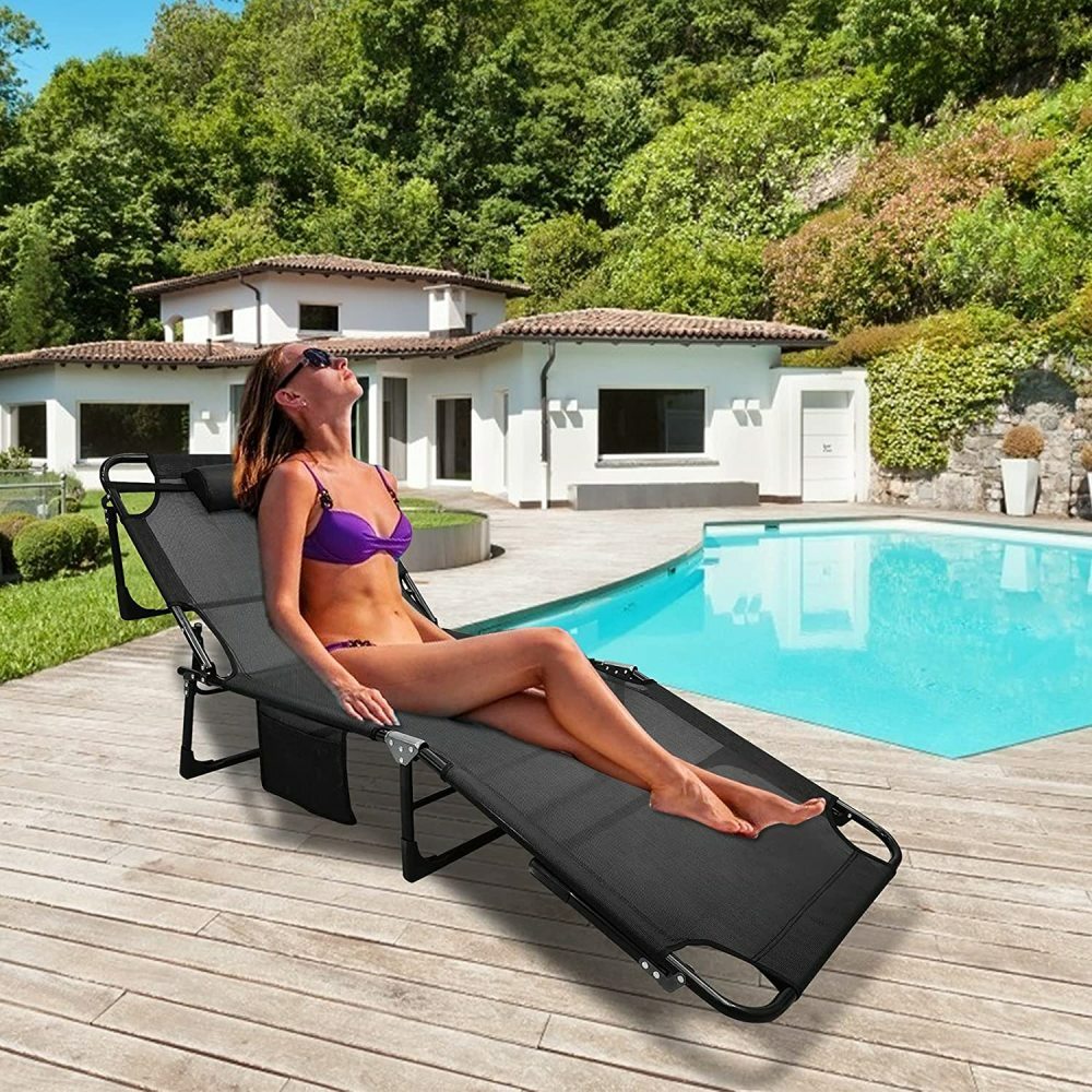 SLSY Folding Lounge Chair Bed Cot 4-Position Adjustable Patio Reclining With Pad