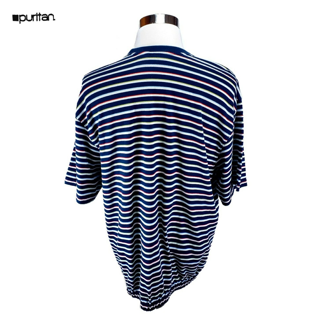 VTG 90s PURITAN TEXTURED SURF STRIPE SHIRT Navy Blue White