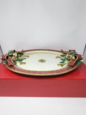 Fitz & Floyd Christmas Deer 18-5/8'' Platter Red Ribbons Gold Bells Holly Holiday