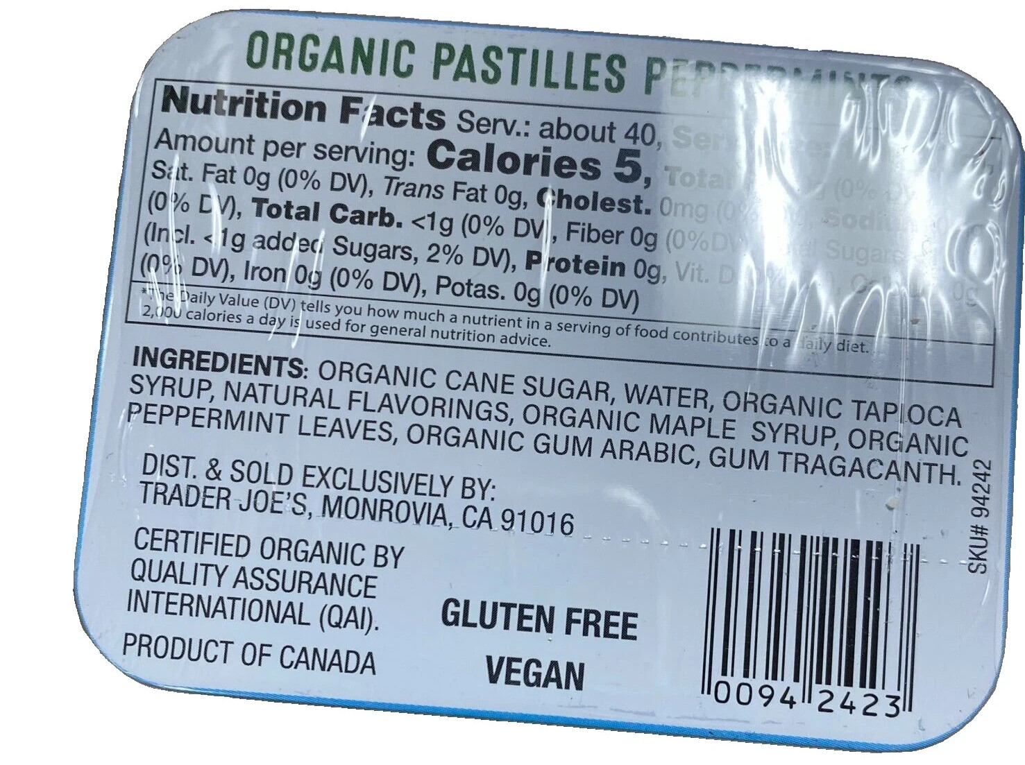 2 Pack Trader Joe's Organic Peppermints Vegan Gluten Free 1.41 Ounce each tin