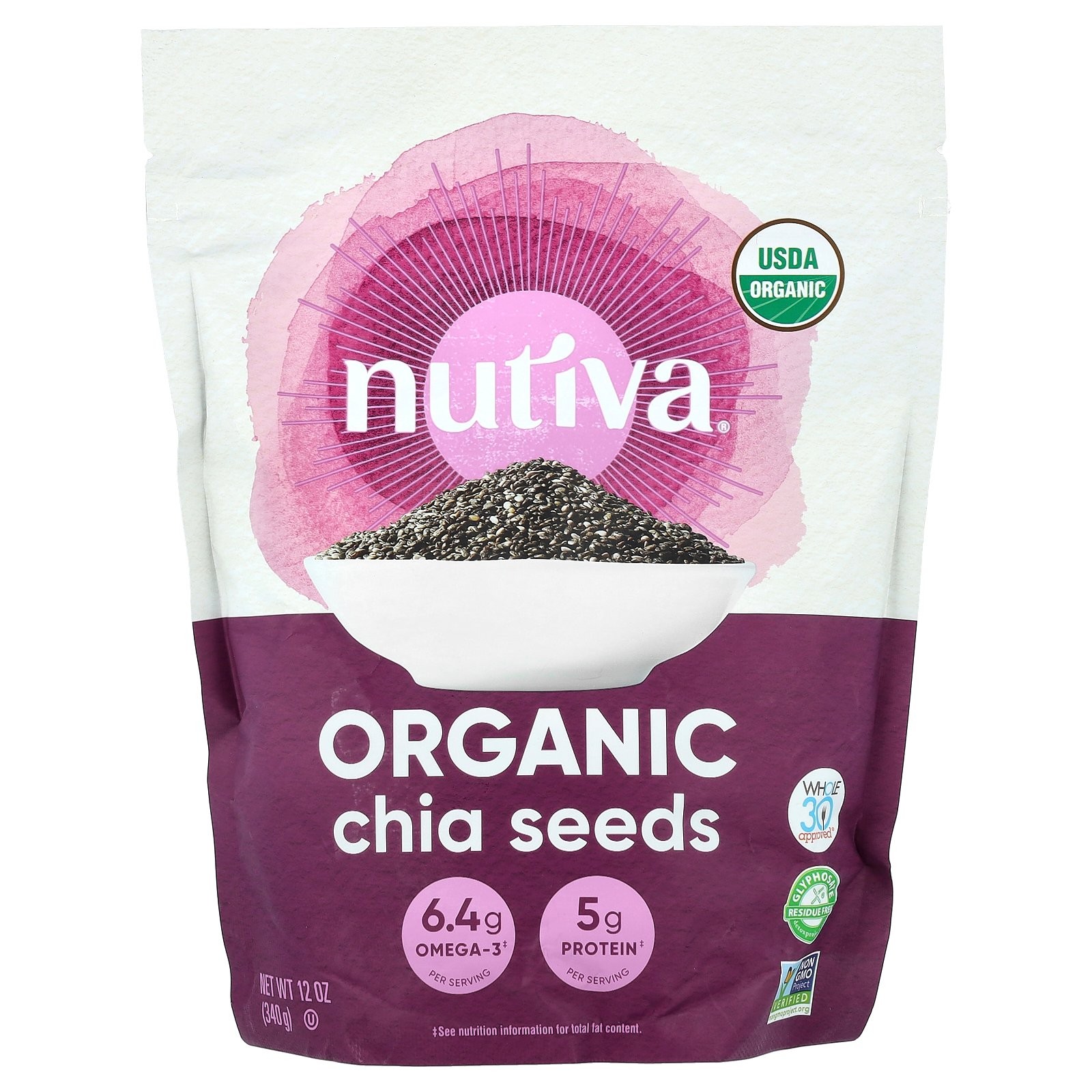 Nutiva Organic Chia Seed Black 12 унций 340 г B Corp без глютена кошерный без ГМО 2990₽