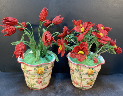 CHARMING Pair Vintage Handmade French Beaded Flowers Hand Painted Italian Pots