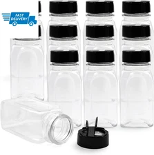 SALUSWARE 12 Pack 9.5 Oz Plastic Spice Jars Bottles Containers with Black Cap -