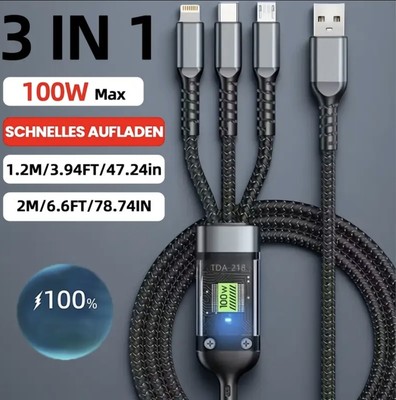 3-in-1 USB-Kabel   Schnellladung für iPhone, Type-C & Micro USB