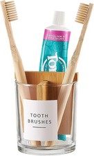 Glass Toothbrush and Toothpaste Holder with Bamboo Divider for Bathroom