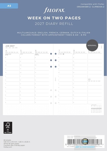 Filofax 2027 A5 Diary - Week On Two Pages - Minimal Appointment Refill - 68593