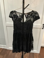 Free People Black Lace Cap Sleeve Fit & Flare Mini Dress Button L Nylon Modal