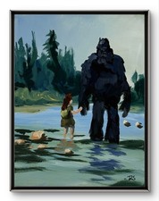 R Stevens Original 11x14 Realist Child Meets Bigfoot Painting Signed Canvas