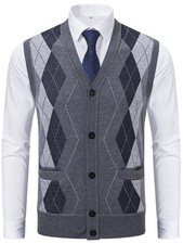 Men's Argyle Sweater Vest Button Front V-Neck Knit Cardigan Casual Smart
