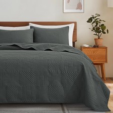 Dark Grey Quilt Full/Queen Size with Pillow Shams, Summer Soft Geometric Patt...